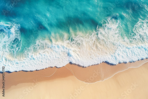 Aerial view of beautiful beach with ocean waves crashing on the sand at the shore.Top view from drone of sandy beach with waves of turquoise sea water. Generative AI