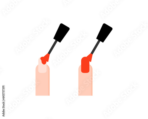 Set of applying red nail polish fingernail icon. Beauty, self care, manicure concept. Flat vector design isolated illustration. 