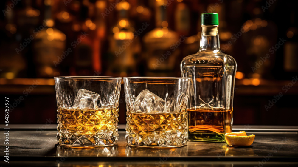 Whiskey bottles and glasses on the bar counter Whiskey bottles and glasses on the bar counter