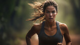 Close-up shot of young woman wearing uniform running trail in natural forest