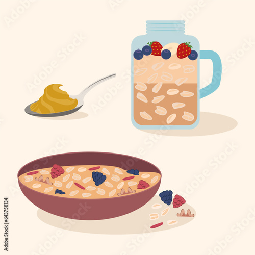 Oatmeal breakfast, oat flakes set Bowl with milk porridge, fruits vector illustration design