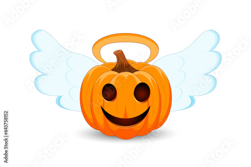 Pumpkin with angel wings and nimbus on white background. The main symbol of the Happy Halloween holiday. Orange pumpkin with smile for your design for the holiday Halloween.
