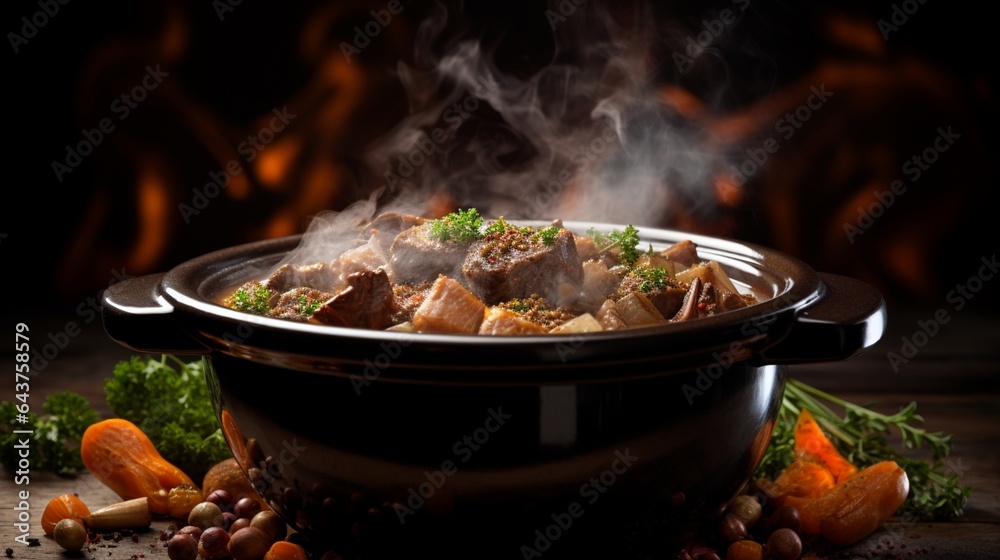 A simmering slow cooker filled with hearty beef stew, steam rising from