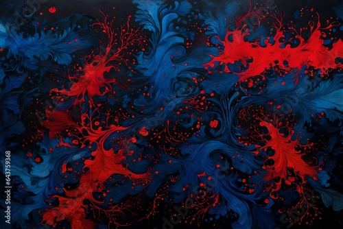 Vibrant acrylic blue and red colors blend together in water, creating a captivating ink blot on a mysterious black background