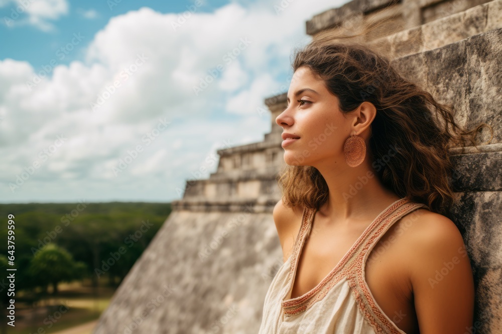 Photography in the style of pensive portraiture of a happy girl in his 30s wearing a trendy off-shoulder blouse at the chichen itza yucatan mexico. With generative AI technology Photography in the style of pensive portraiture of a happy girl in his 30s wearing a trendy off-shoulder blouse at the chichen itza yucatan mexico. With generative AI technology