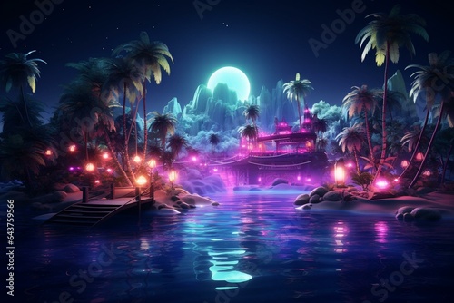 Neon lights on dark water near stage and beach party. 3D illustration. Generative AI © Galatea