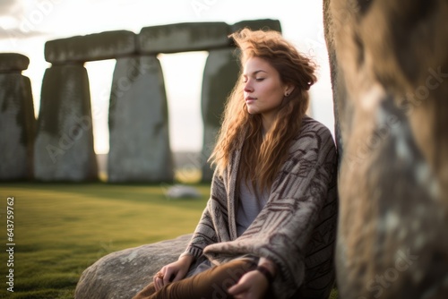 Medium shot portrait photography of a merry girl in his 20s wearing a comfortable yoga top at the stonehenge in wiltshire england. With generative AI technology photo