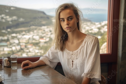 Lifestyle portrait photography of a jovial girl in his 20s wearing a delicate lace choker at the table mountain in cape town south africa. With generative AI technology