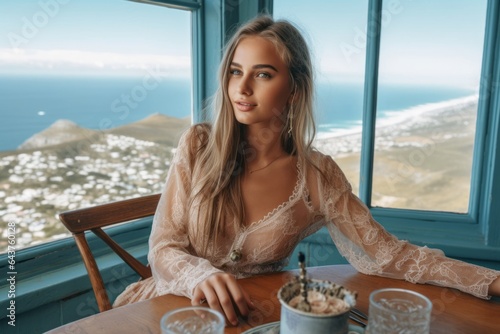 Lifestyle portrait photography of a jovial girl in his 20s wearing a delicate lace choker at the table mountain in cape town south africa. With generative AI technology