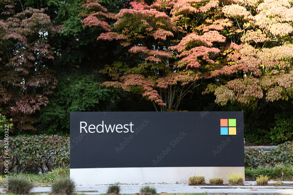 Microsoft Redwest sign at Microsoft Headquarters Redwest campus in