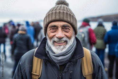 Close-up portrait photography of a happy old man wearing a trendy beanie at the blue lagoon in reykjavik iceland. With generative AI technology