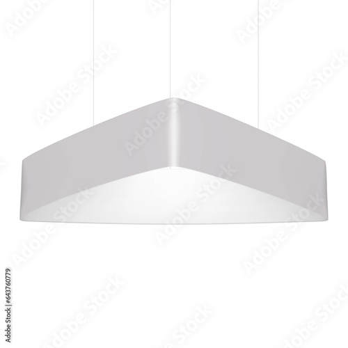 Hanging triangle trade show display realistic vector mockup. Triangular ceiling banner sign for promotional graphics mock-up. Template for design