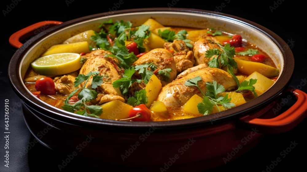 Aromatic curry chicken stew simmering in a slow cooker, with colorful vegetables and spices.