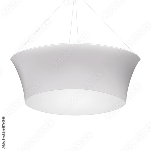 Hanging tapered tube trade show display realistic vector mockup. Round ceiling banner sign for promotional graphics mock-up. Template for design