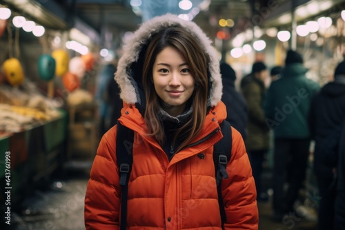 Wallpaper Mural Studio portrait photography of a satisfied girl in her 20s wearing a durable down jacket at the tsukiji fish market in tokyo japan. With generative AI technology Torontodigital.ca