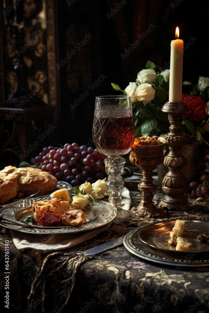 a palace feasting table with several foods and drinks. wine, bread, fruits, meat, candle. 