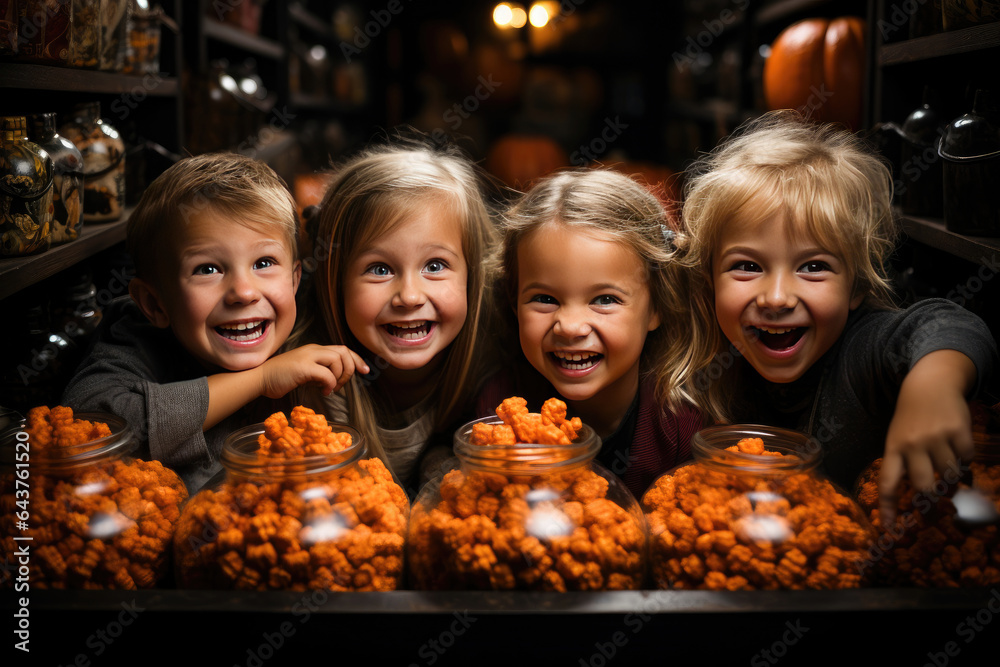 Excited kids sort candy haul: smiles, favorites, and sugary treasures.
Excited kids sort candy haul: smiles, favorites, and sugary treasures.