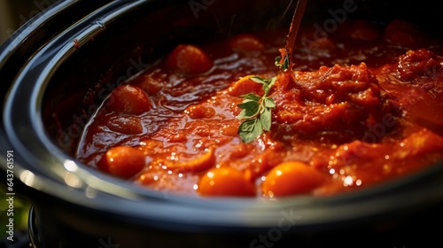 Close-up of a slow cooker filled with bubbling tomato sauce, ideal for pasta dishes. 