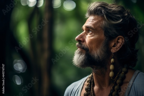 Photography in the style of pensive portraiture of a satisfied mature man wearing a delicate necklace at the amazon rainforest in brazil. With generative AI technology