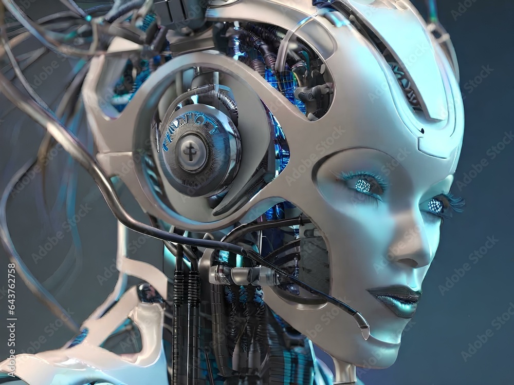 3D rendering of a female robot with a futuristic head and face 3D rendering of a female robot with a futuristic head and face