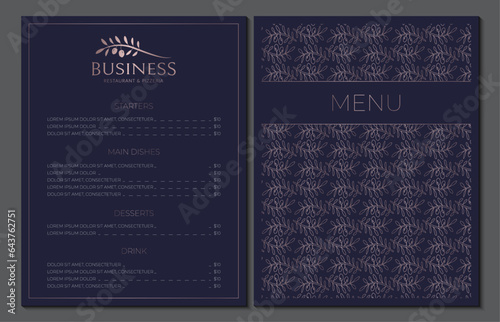 Elegant Menu Design for Italian Mediterranean Restaurant in Navy Blue and Rose Gold Color and Olive Logo