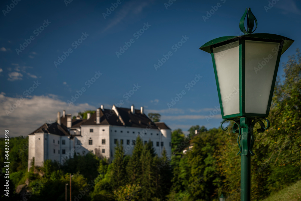 Leiben castle near Donau river valley in summer hot morning with blue sky