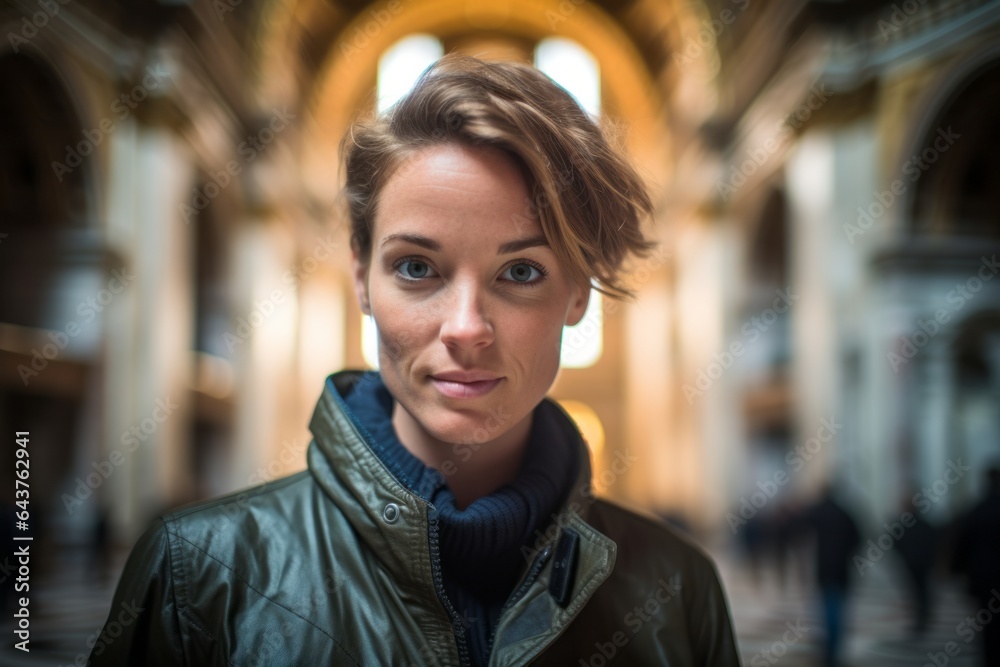 Medium shot portrait photography of a merry girl in her 40s wearing a stylish varsity jacket at the st. With generative AI technology Medium shot portrait photography of a merry girl in her 40s wearing a stylish varsity jacket at the st. With generative AI technology