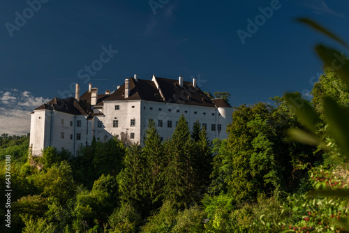 Leiben castle near Donau river valley in summer hot morning with blue sky