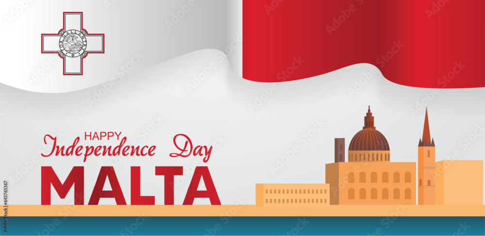 Malta independence day with waving flag on sky cityscape vector poster