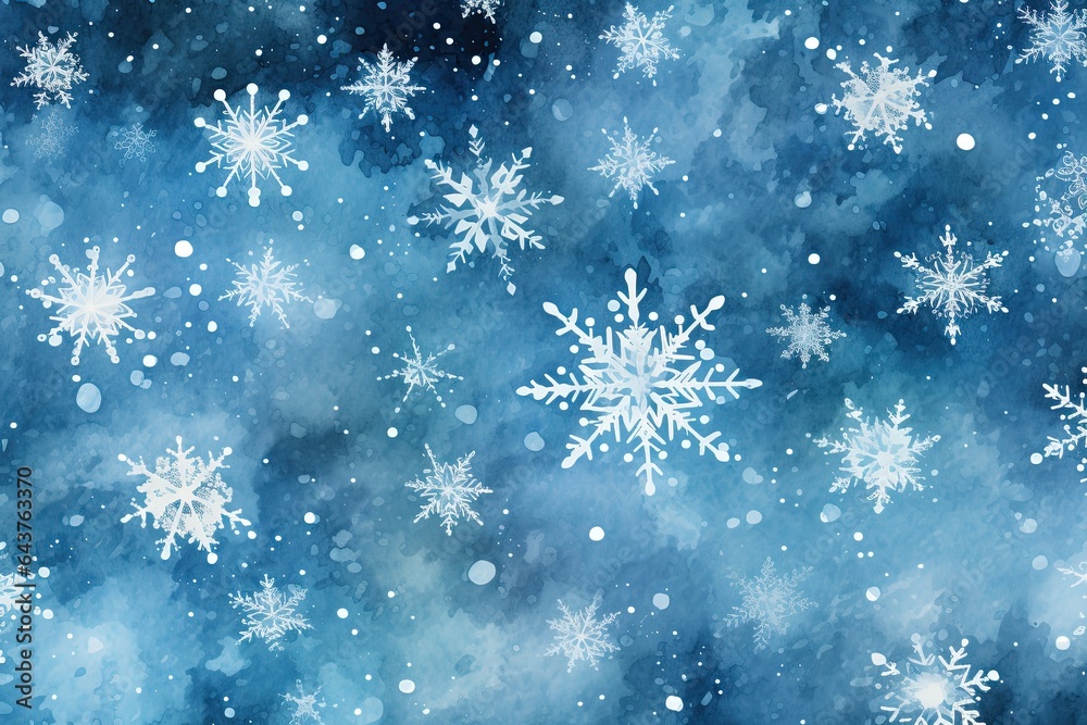 white snowflakes on a watercolor blue background
