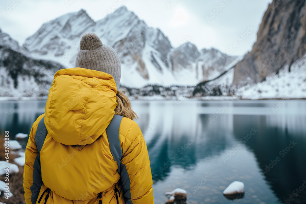 Snowy Serenity: Woman Admiring Fjord Beauty in Vibrant Yellow Coat, ai generative Snowy Serenity: Woman Admiring Fjord Beauty in Vibrant Yellow Coat, ai generative