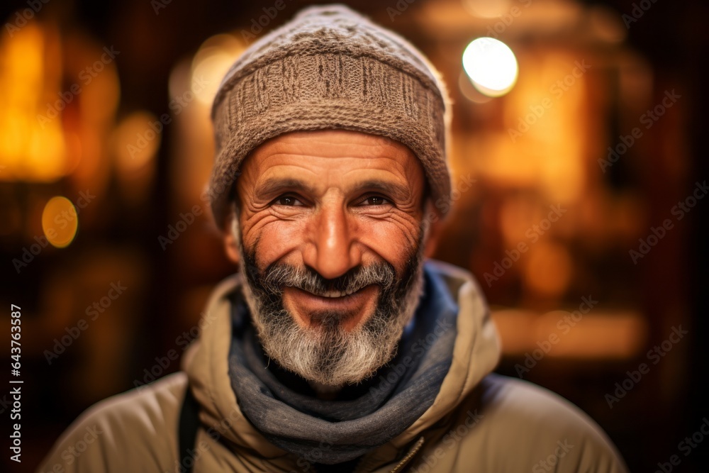 Environmental portrait photography of a happy mature man wearing a warm wool beanie at the mecca in saudi arabia. With generative AI technology Environmental portrait photography of a happy mature man wearing a warm wool beanie at the mecca in saudi arabia. With generative AI technology