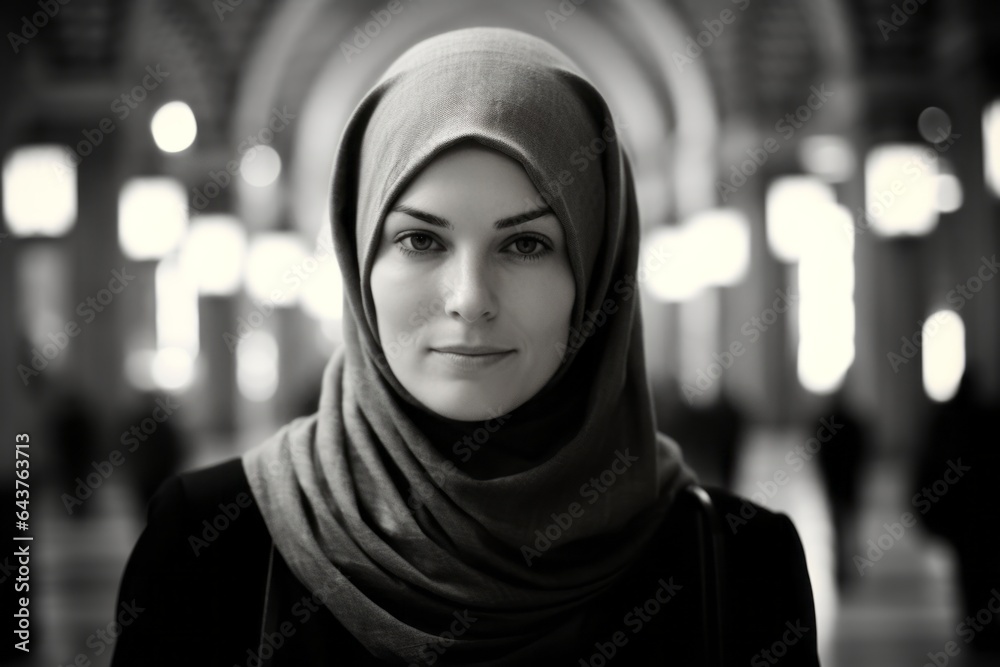 Photography in the style of pensive portraiture of a content girl in her 40s wearing a versatile buff at the blue mosque in istanbul turkey. With generative AI technology Photography in the style of pensive portraiture of a content girl in her 40s wearing a versatile buff at the blue mosque in istanbul turkey. With generative AI technology