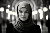 Photography in the style of pensive portraiture of a content girl in her 40s wearing a versatile buff at the blue mosque in istanbul turkey. With generative AI technology