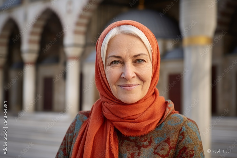 Environmental portrait photography of a content mature woman wearing a colorful bandana at the blue mosque in istanbul turkey. With generative AI technology Environmental portrait photography of a content mature woman wearing a colorful bandana at the blue mosque in istanbul turkey. With generative AI technology