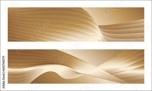 Wavy golden parallel gradient lines, ribbons, silk. Golden with shades of yellow background, banner, poster. Set of 2 backgrounds. Eps vector