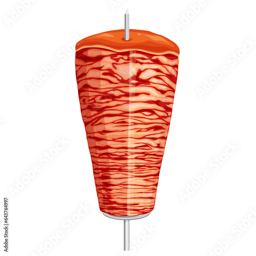 Doner kebab. Shawarma consisting of meat cut into thin slices, stacked in a cone-like shape, and roasted on a slowly-turning vertical rotisserie or spit. on white background. Vector illustration.