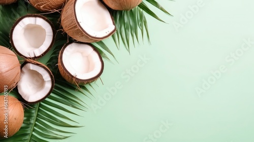 Flat lay. Top view. Coconut and coconut leaves on pastel background