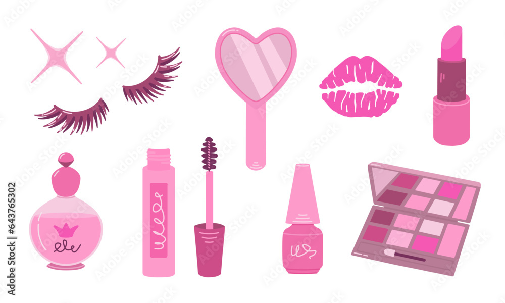Set of cosmetics in pink shades. Collection with perfumes, mascara, lipstick, polish, mirror, eyelashes and shadows. Flat vector illustration. Set of cosmetics in pink shades. Collection with perfumes, mascara, lipstick, polish, mirror, eyelashes and shadows. Flat vector illustration.