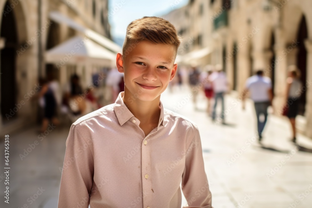 Environmental portrait photography of a grinning boy in his 20s wearing a chic pearl necklace at the dubrovnik old town in dubrovnik croatia. With generative AI technology