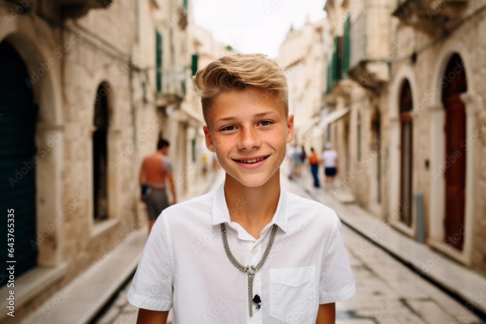 Environmental portrait photography of a grinning boy in his 20s wearing a chic pearl necklace at the dubrovnik old town in dubrovnik croatia. With generative AI technology Environmental portrait photography of a grinning boy in his 20s wearing a chic pearl necklace at the dubrovnik old town in dubrovnik croatia. With generative AI technology