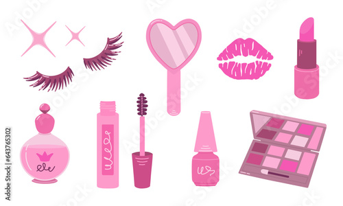 Set of cosmetics in pink shades. Collection with perfumes, mascara, lipstick, polish, mirror, eyelashes and shadows. Flat vector illustration. photo