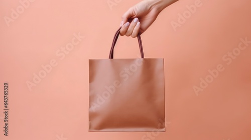 Hand holding shopping bag on pastel color background. Minimal style. Generative AI