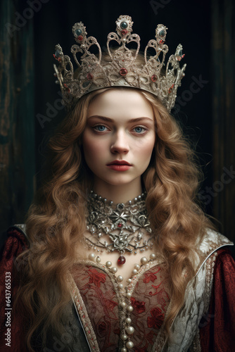 a mysterious young queen with blue eyes and blond hair gazing at the viewer. golden crown. 