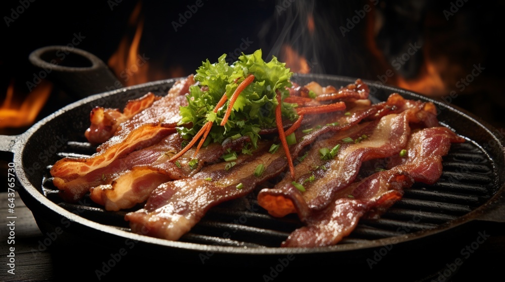 Close-up shot of a well-seasoned griddle sizzling with the savory aroma of sizzling bacon strips.