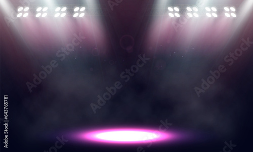 Spotlights. Scene for presentation illuminated by spotlights with smoke. Vector illustration.