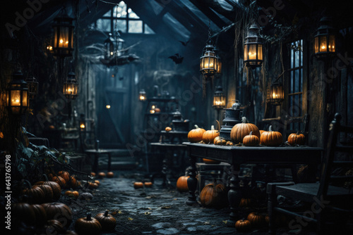 Halloween spooky background  scary pumpkins with smoke in old big creepy Happy Haloween ghosts horror house inside big empty foggy room. Creepy october dark smoky mysterious night backdrop concept.