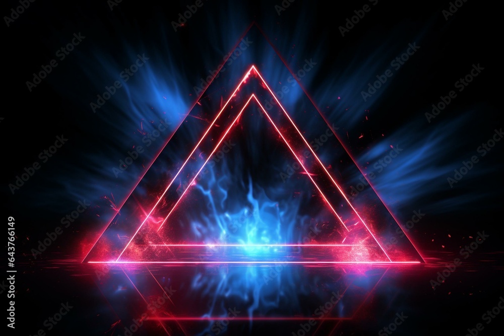 Intersecting neon lightning triangles create a magical effect on a black background with a glowing digital portal - cyberpunk concept. Finest. Generative AI