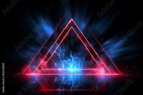 Intersecting neon lightning triangles create a magical effect on a black background with a glowing digital portal - cyberpunk concept. Finest. Generative AI