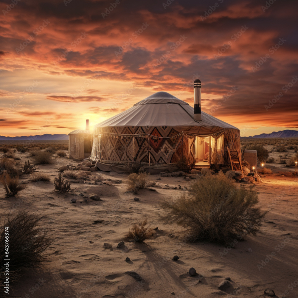 yurt in the desert at sunset - obrazy, fototapety, plakaty 